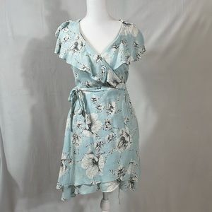 Free People Dress Size S LIGHT blue Floral Wrap Mini Dress EUC